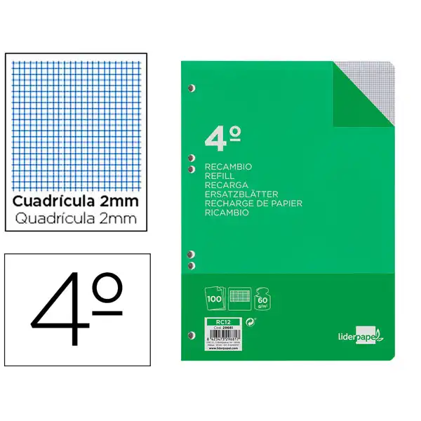 RECAMBIO LIDERPAPEL CUARTO 100 HJ 60G/M2 MILIMETRADO SIN MARGEN 6 TALADROS RC12 29681 RECAMBIO LIDERPAPEL CUARTO 100 HJ 60G/M2 MILIMETRADO SIN MARGEN 6 TALADROS RC12 29681