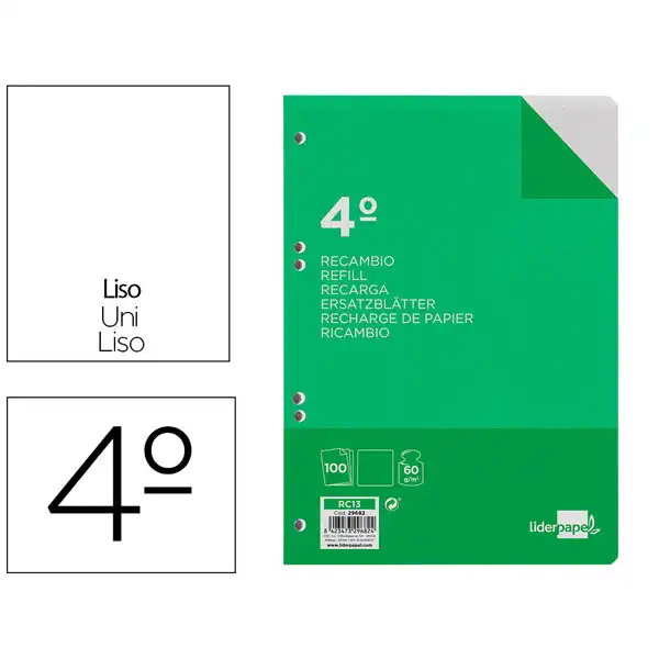 RECAMBIO LIDERPAPEL CUARTO 100 HJ 60G/M2 LISO SIN MARGEN 6 TALADROS RC13 29682 RECAMBIO LIDERPAPEL CUARTO 100 HJ 60G/M2 LISO SIN MARGEN 6 TALADROS RC13 29682
