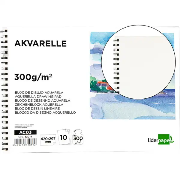 BLOC DIBUJO LIDERPAPEL ACUARELA ESPIRAL 297X420MM 10 HJ 300G/M2 SIN RECUADRO AC03 32019 BLOC DIBUJO LIDERPAPEL ACUARELA ESPIRAL 297X420MM 10 HJ 300G/M2 SIN RECUADRO AC03 32019