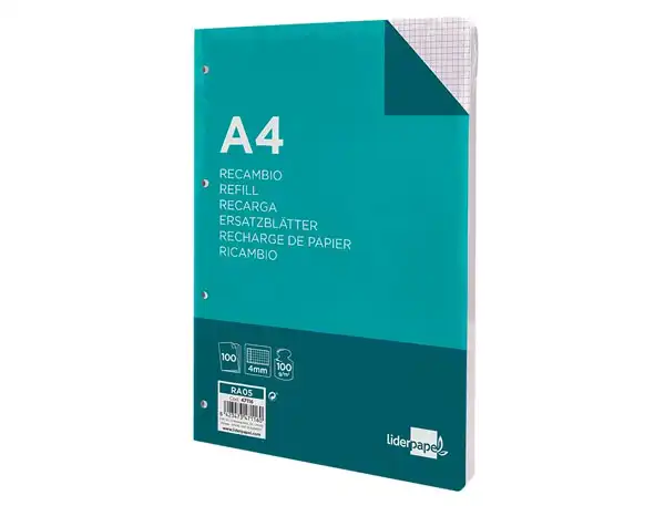 RECAMBIO LIDERPAPEL A4 100 HJ 100G/M2 CUADRO 4MM CON MARGEN 4 TALADROS 47116