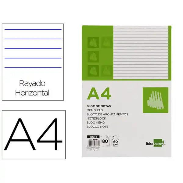 BLOC NOTAS LIDERPAPEL HORIZONTAL A4 80 HJ 60G/M2 BN14 48397 BLOC NOTAS LIDERPAPEL HORIZONTAL A4 80 HJ 60G/M2 BN14 48397