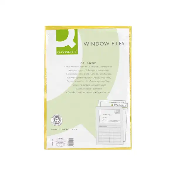 SUBCARPETA CARTULINA Q-CONNECT DIN A4 AMARILLA CON VENTANA TRANSPARENTE 120 G/M2 KF15244 53224