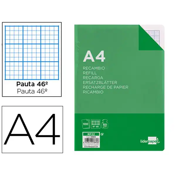 RECAMBIO LIDERPAPEL A4 100 HJ 60G/M2 RAYADO Nº 46 4 TALADROS RF22 53869 RECAMBIO LIDERPAPEL A4 100 HJ 60G/M2 RAYADO Nº 46 4 TALADROS RF22 53869