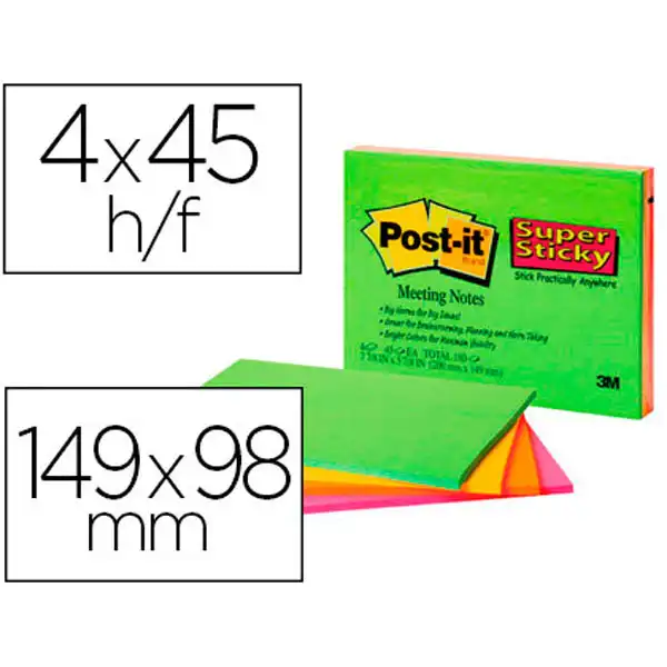 BLOC DE NOTAS ADHESIVAS QUITA Y PON POST-IT SUPER STICKY 149X98 MM CON 45 HJ PACK DE 4 UNIDADES COLOR 63075 BLOC DE NOTAS ADHESIVAS QUITA Y PON POST-IT SUPER STICKY 149X98 MM CON 45 HJ PACK DE 4 UNIDADES COLOR 63075