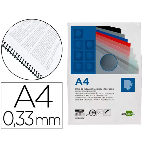 T. ENCUADERNACION LIDERPAPEL PP A4 0.33MM TRANSLUCIDA PAQ. DE 150 UDS TE14 64043 T. ENCUADERNACION LIDERPAPEL PP A4 0.33MM TRANSLUCIDA PAQ. DE 150 UDS TE14 64043