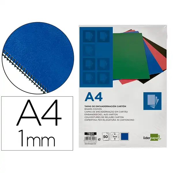 TAPA ENCUADERNACION LIDERPAPEL CARTON A4 1MM AZUL PAQ. DE 50 UDS TE01 64091 TAPA ENCUADERNACION LIDERPAPEL CARTON A4 1MM AZUL PAQ. DE 50 UDS TE01 64091