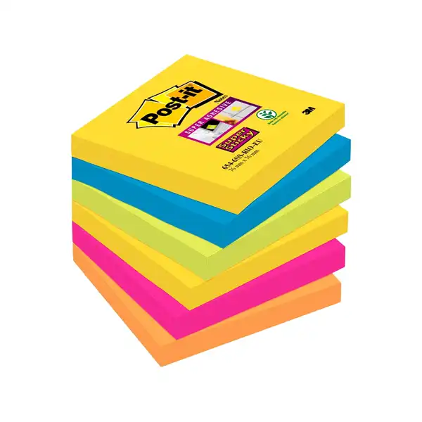 BLOC DE NOTAS ADHESIVAS QUITA Y PON POST-IT SUPER STICKY 76X76 MM CON 90 HJ PACK DE 6 UDS 70005250264 75590 75590