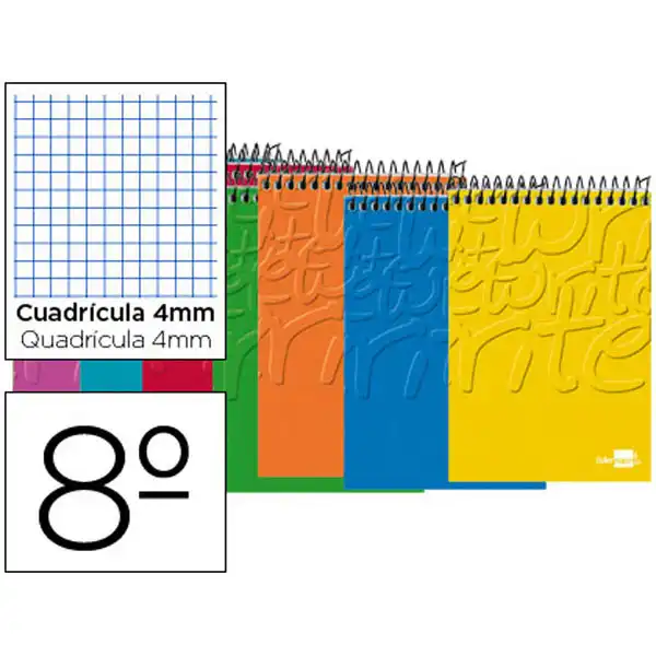 BLOC ESPIRAL LIDERPAPEL BOLSILLO OCTAVO APAISADO WRITE TAPA CARTONCILLO 80H 60G CUADRO 4MM. COLORES SURT 729 BLOC ESPIRAL LIDERPAPEL BOLSILLO OCTAVO APAISADO WRITE TAPA CARTONCILLO 80H 60G CUADRO 4MM. COLORES SURT 729