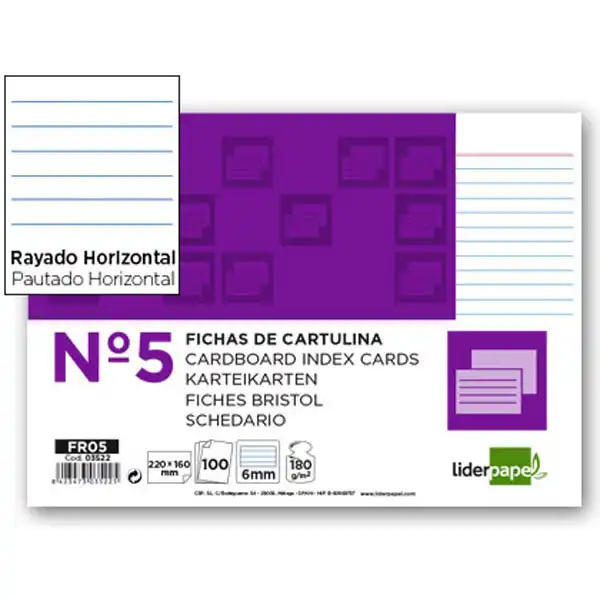 FICHA LIDERPAPEL RAYADA Nº5 160X220MM PAQ. DE 100 180G 3522 FICHA LIDERPAPEL RAYADA Nº5 160X220MM PAQ. DE 100 180G 3522