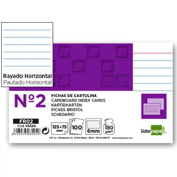 FICHA LIDERPAPEL RAYADA Nº2 75 X 125MM PAQ. DE 100 180G 3524 FICHA LIDERPAPEL RAYADA Nº2 75 X 125MM PAQ. DE 100 180G 3524