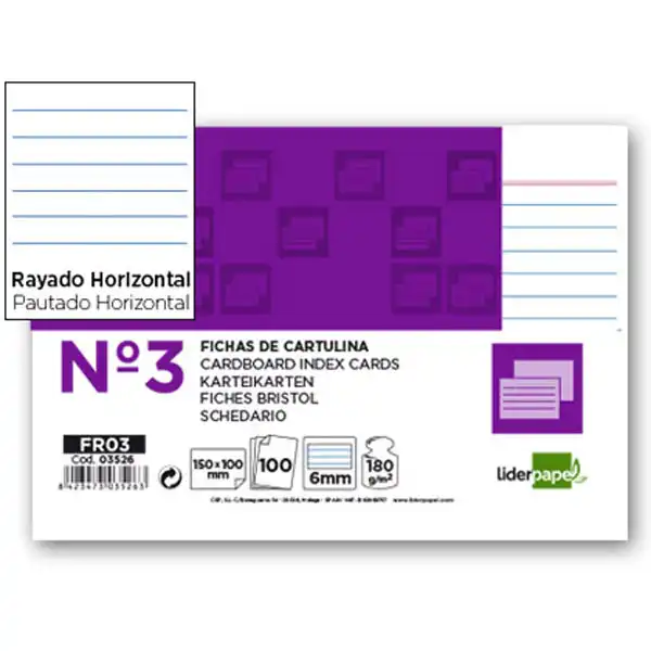 FICHA LIDERPAPEL RAYADA Nº3 100X150MM PAQ. DE 100 180G 3526 FICHA LIDERPAPEL RAYADA Nº3 100X150MM PAQ. DE 100 180G 3526