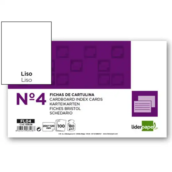 FICHA LIDERPAPEL LISA Nº4 125X200MM PAQ. DE 100 180G 3528 FICHA LIDERPAPEL LISA Nº4 125X200MM PAQ. DE 100 180G 3528