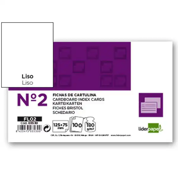 FICHA LIDERPAPEL LISA Nº2 75 X 125MM PAQ. DE 100 180G 3530 FICHA LIDERPAPEL LISA Nº2 75 X 125MM PAQ. DE 100 180G 3530