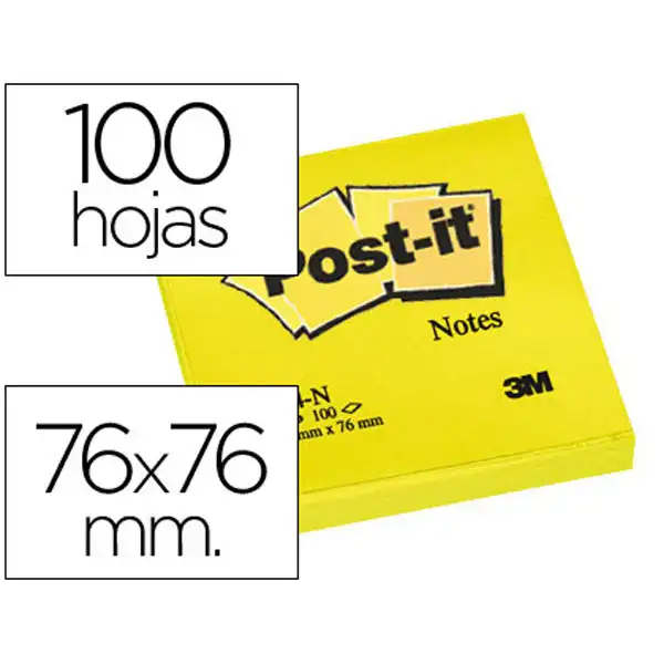 BLOC DE NOTAS ADHESIVAS QUITA Y PON POST-IT 76X76 MM AMARILLO NEON CON 100 HJ 27299 BLOC DE NOTAS ADHESIVAS QUITA Y PON POST-IT 76X76 MM AMARILLO NEON CON 100 HJ 27299