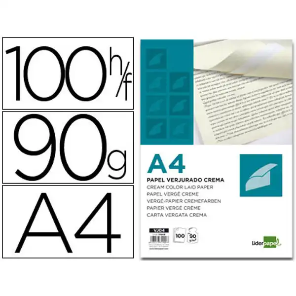 PAPEL VERJURADO LIDERPAPEL A4 90G/M2 CREMA PAQ. DE 100 31909 PAPEL VERJURADO LIDERPAPEL A4 90G/M2 CREMA PAQ. DE 100 31909