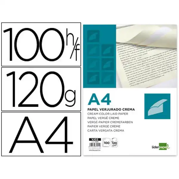 PAPEL VERJURADO LIDERPAPEL A4 120G/M2 CREMA PAQ. DE 100 31911 PAPEL VERJURADO LIDERPAPEL A4 120G/M2 CREMA PAQ. DE 100 31911