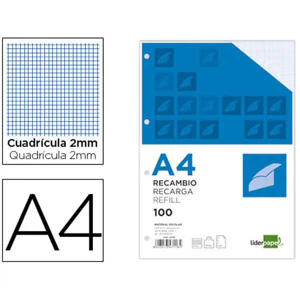 RECAMBIO LIDERPAPEL A4 100 HJ 100G/M2 CUADRO 2MM CON MARGEN 4 TALADROS 47118 RECAMBIO LIDERPAPEL A4 100 HJ 100G/M2 CUADRO 2MM CON MARGEN 4 TALADROS 47118