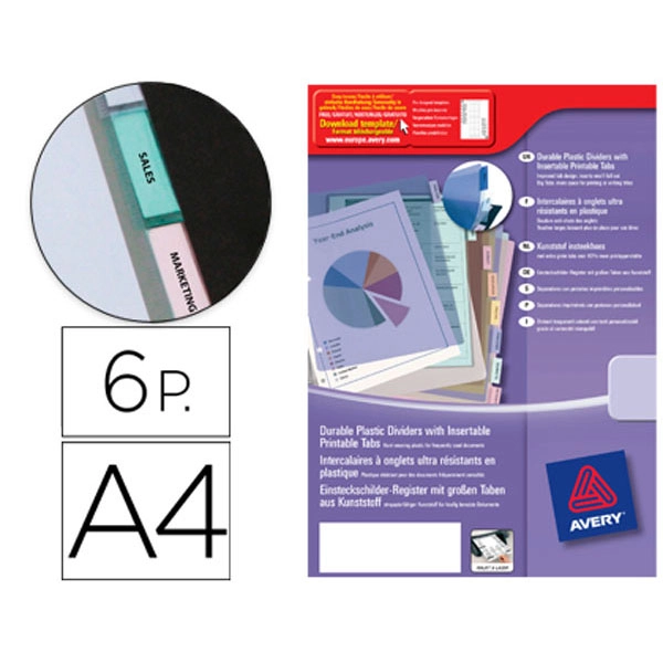 SEPARADOR AVERY DE PLASTICO CON 6 PESTAÑAS DE INDICE PERSONALIZABLE TAMAÑO A4 72176 SEPARADOR AVERY DE PLASTICO CON 6 PESTAÑAS DE INDICE PERSONALIZABLE TAMAÑO A4 72176