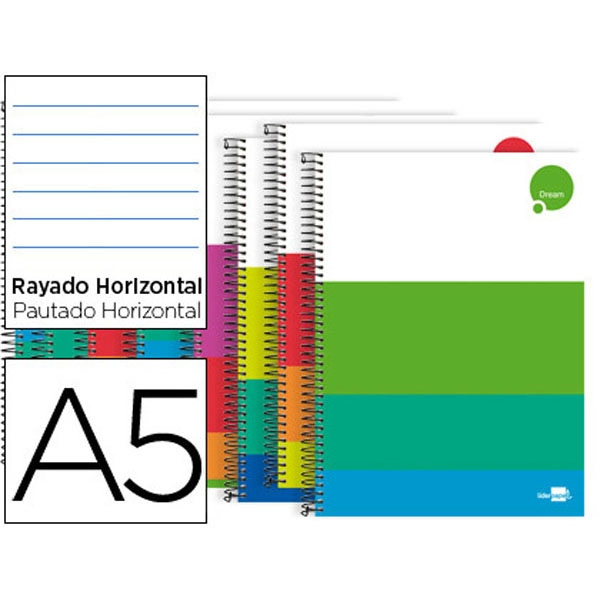 BLOC ESPIRAL LIDERPAPEL A5 MICRO DREAM TAPA EXTRADURA 140H 80G HORIZONTAL 5 BANDAS 6 TALADROS COLORES SU 74823 BLOC ESPIRAL LIDERPAPEL A5 MICRO DREAM TAPA EXTRADURA 140H 80G HORIZONTAL 5 BANDAS 6 TALADROS COLORES SU 74823