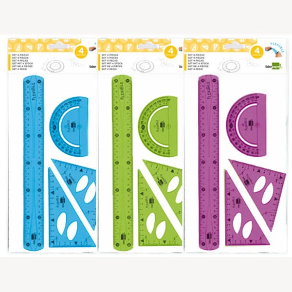 JUEGO ESCUADRA 10 CM CARTABON 14 CM REGLA 30 CM Y SEMICIRC. PLASTICO FLEXIBLE EN PETACA LPP COLORES SURT 77551 JUEGO ESCUADRA 10 CM CARTABON 14 CM REGLA 30 CM Y SEMICIRC. PLASTICO FLEXIBLE EN PETACA LPP COLORES SURT 77551