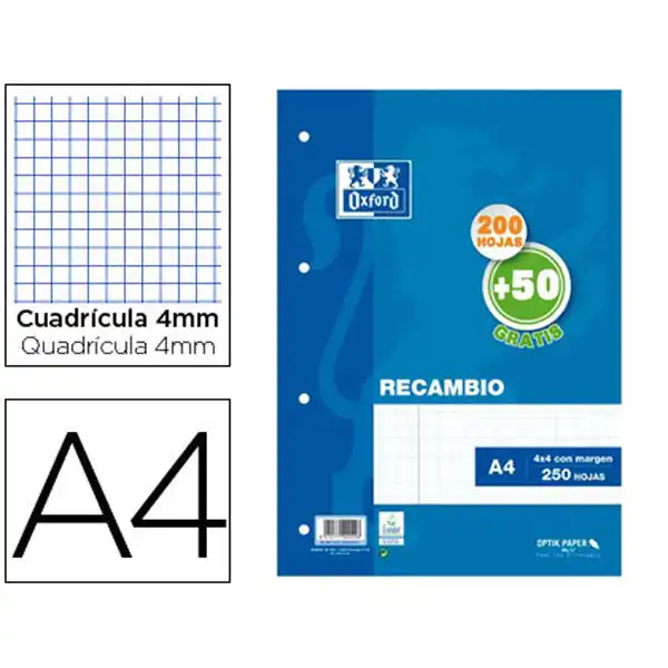 RECAMBIO OXFORD A4 90GR 200+50HJ 4X4 4 TALADROS 400119437 RECAMBIO OXFORD A4 90GR 200+50HJ 4X4 4 TALADROS 400119437