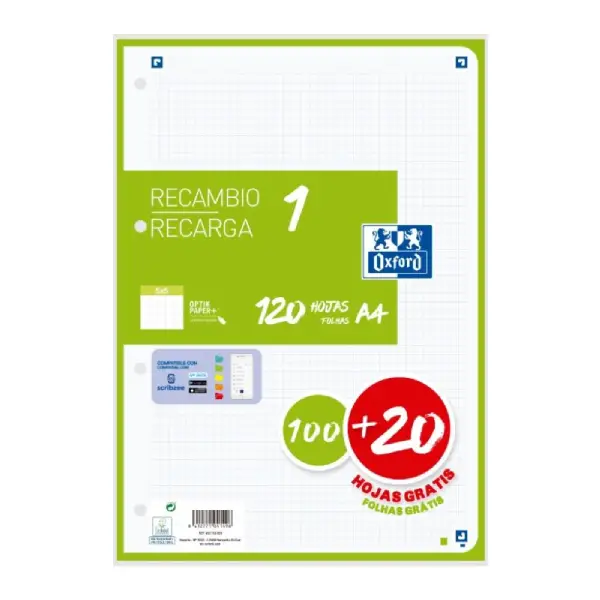 RECAMBIO OXFORD HOJAS SUELTAS VERDE A4 80HJ 5X5 400158059 RECAMBIO OXFORD HOJAS SUELTAS VERDE A4 80HJ 5X5 400158059
