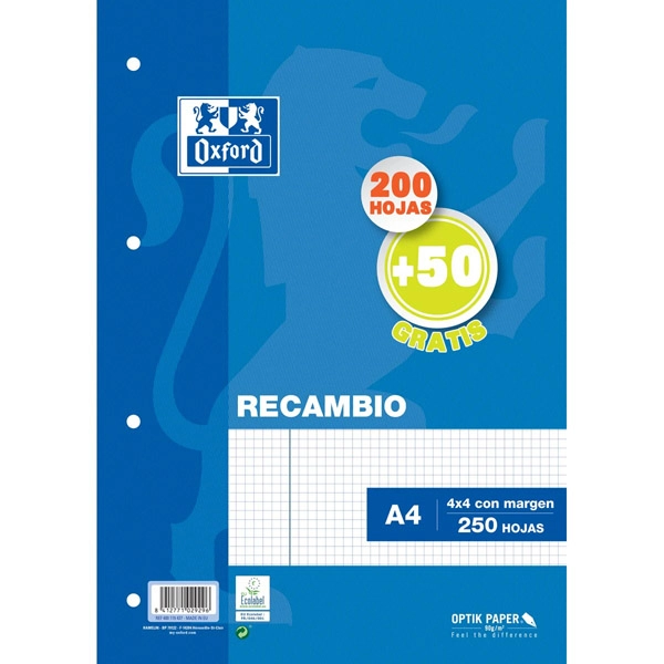 RECAMBIO OXFORD A4 90GR 200+50HJ 4X4 4 TALADROS 400207629 RECAMBIO OXFORD A4 90GR 200+50HJ 4X4 4 TALADROS 400207629