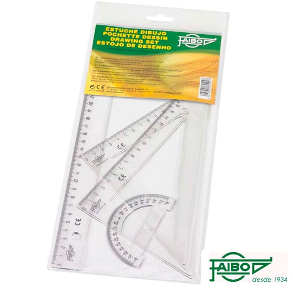 SET DE DIBUJO FAIBO (REGLA 30 CM., ESCUADRA, CARTABON 25 CM. Y SEMICIRCULO 9 CM.) (804) SET DE DIBUJO FAIBO (REGLA 30 CM., ESCUADRA, CARTABON 25 CM. Y SEMICIRCULO 9 CM.) (804)